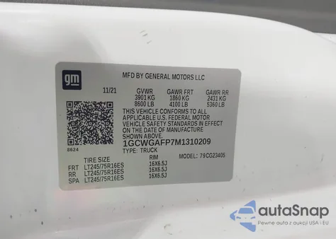 2021 Chevrolet Express Cargo Rwd 2500 Regular Wheelbase Wt from USA, damaged, VIN 1GCWGAFP7M1310209